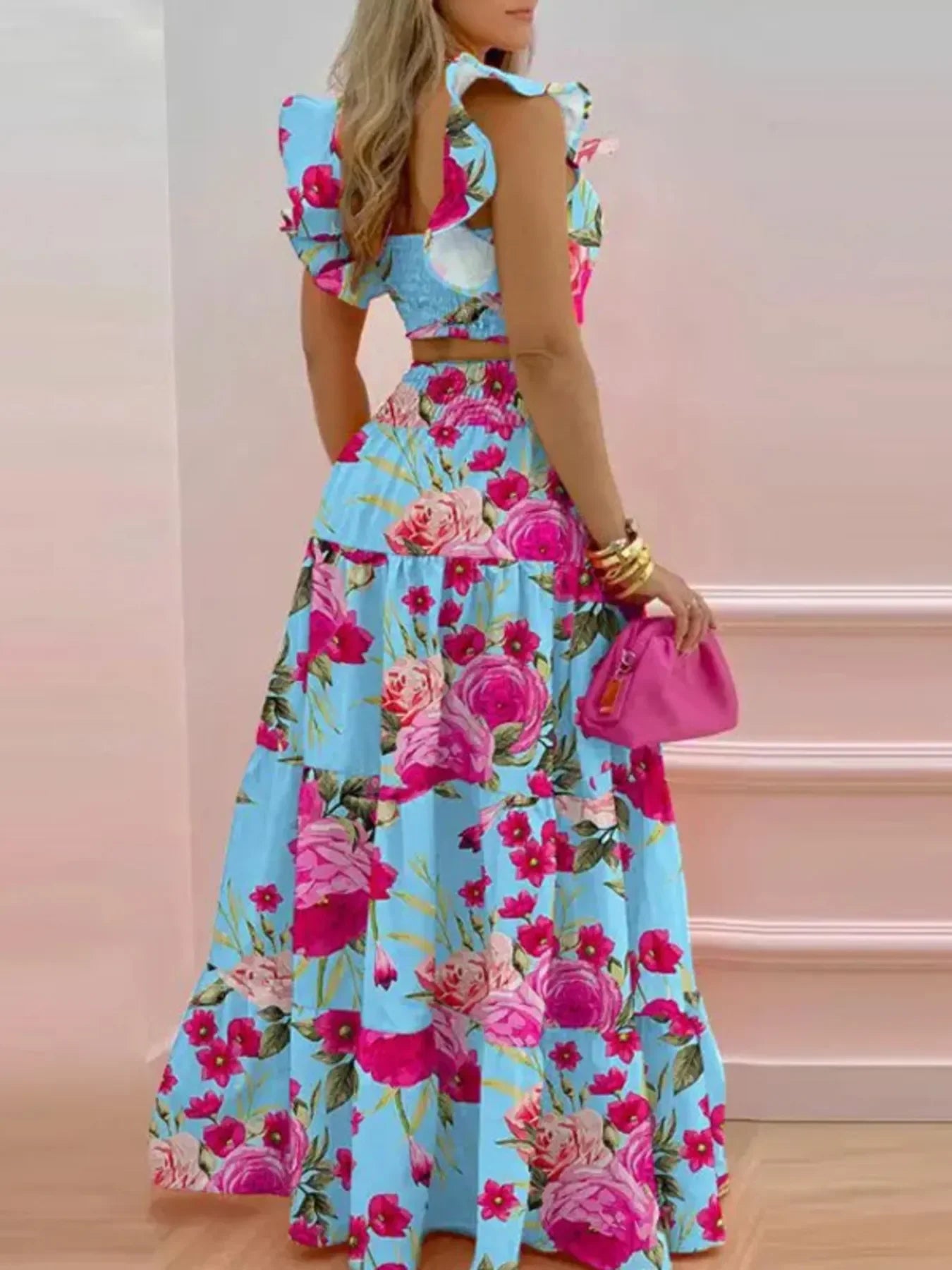 Full Size Ruffled Cami and Tiered Maxi Skirt Set Plus Size - Piña Colada