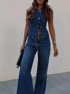 Button Down Vest and Flare Jeans Denim Set - Piña Colada