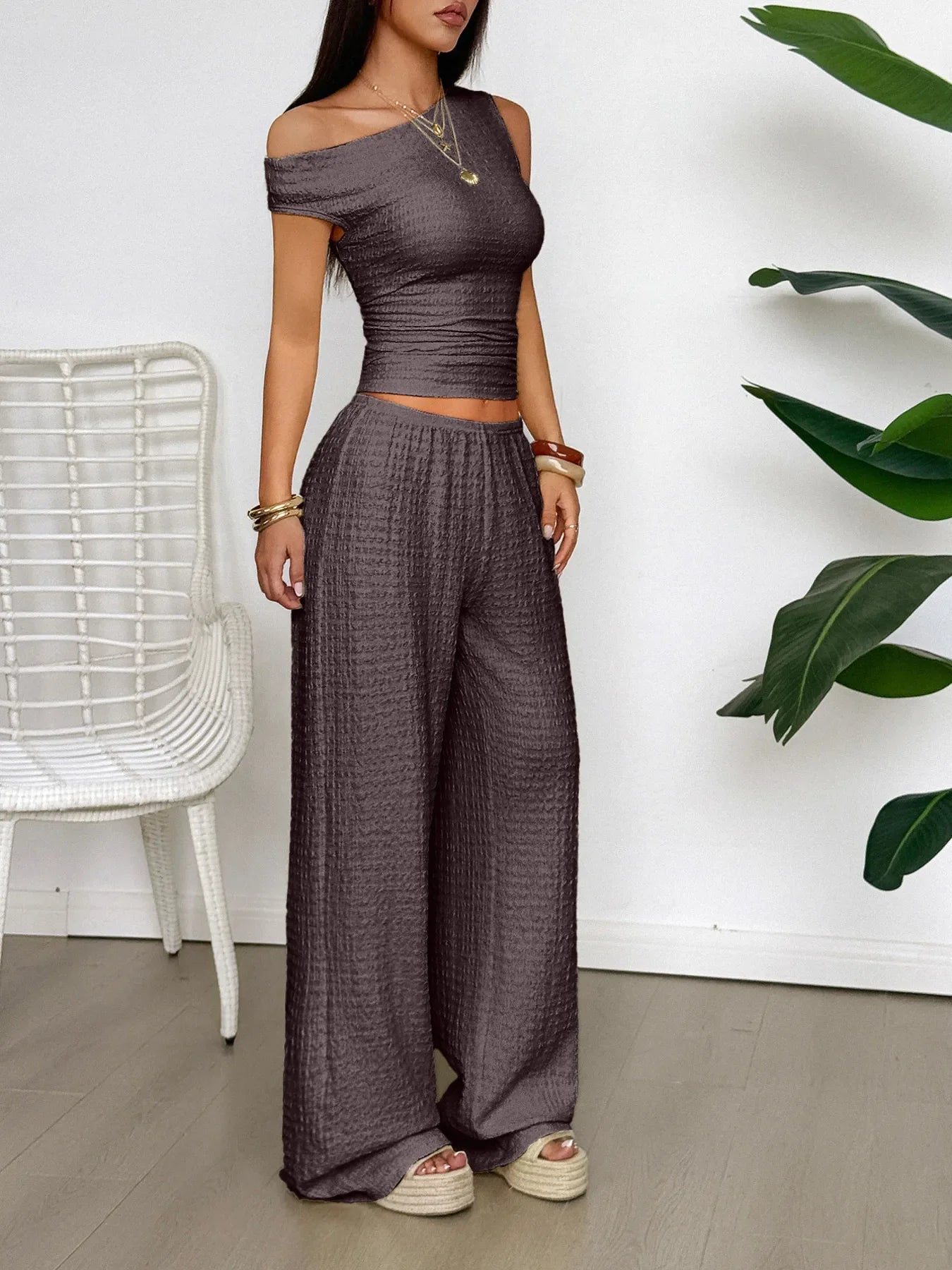 One Shoulder Top and Wide Leg Pants Set - Piña Colada