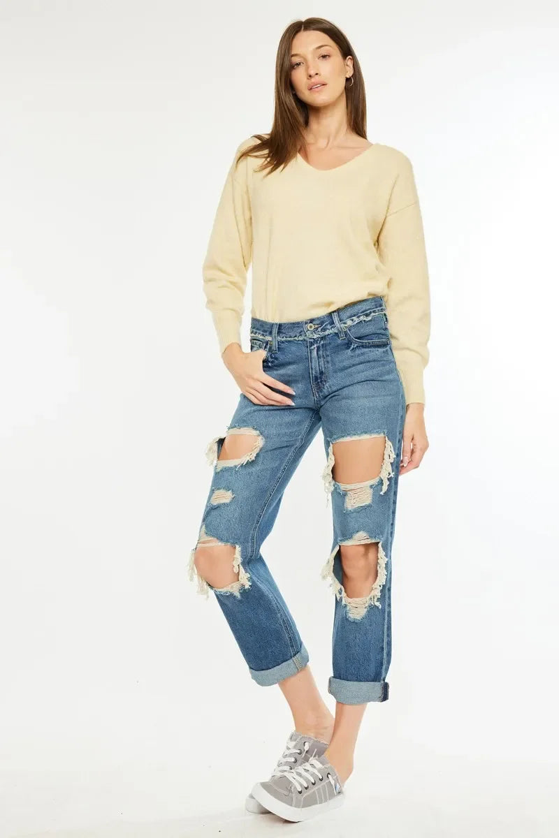 Kancan Distressed Mid Rise True Boyfriend Jeans - Piña Colada
