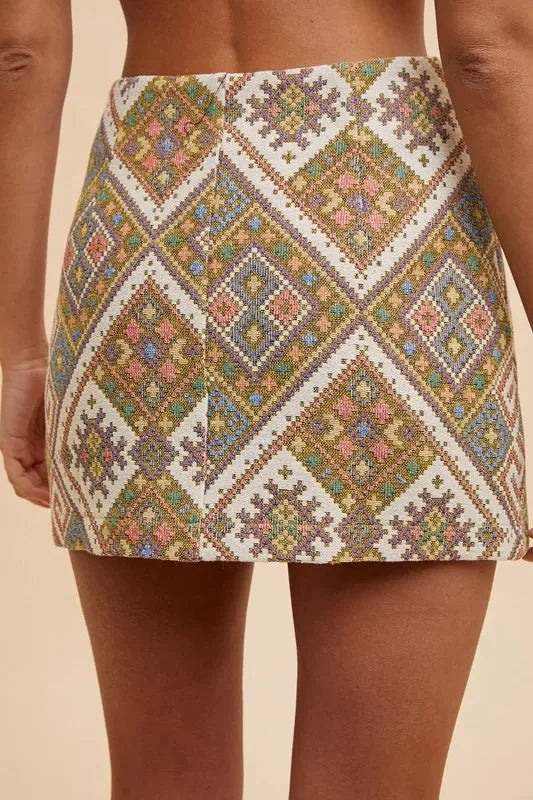 Annie Wear Ethic Woven Jacquard Wrap Mini Skirt - Piña Colada