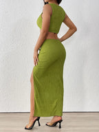 Perfee Texture Cropped Tank and Ruched Skirt Set - Piña Colada