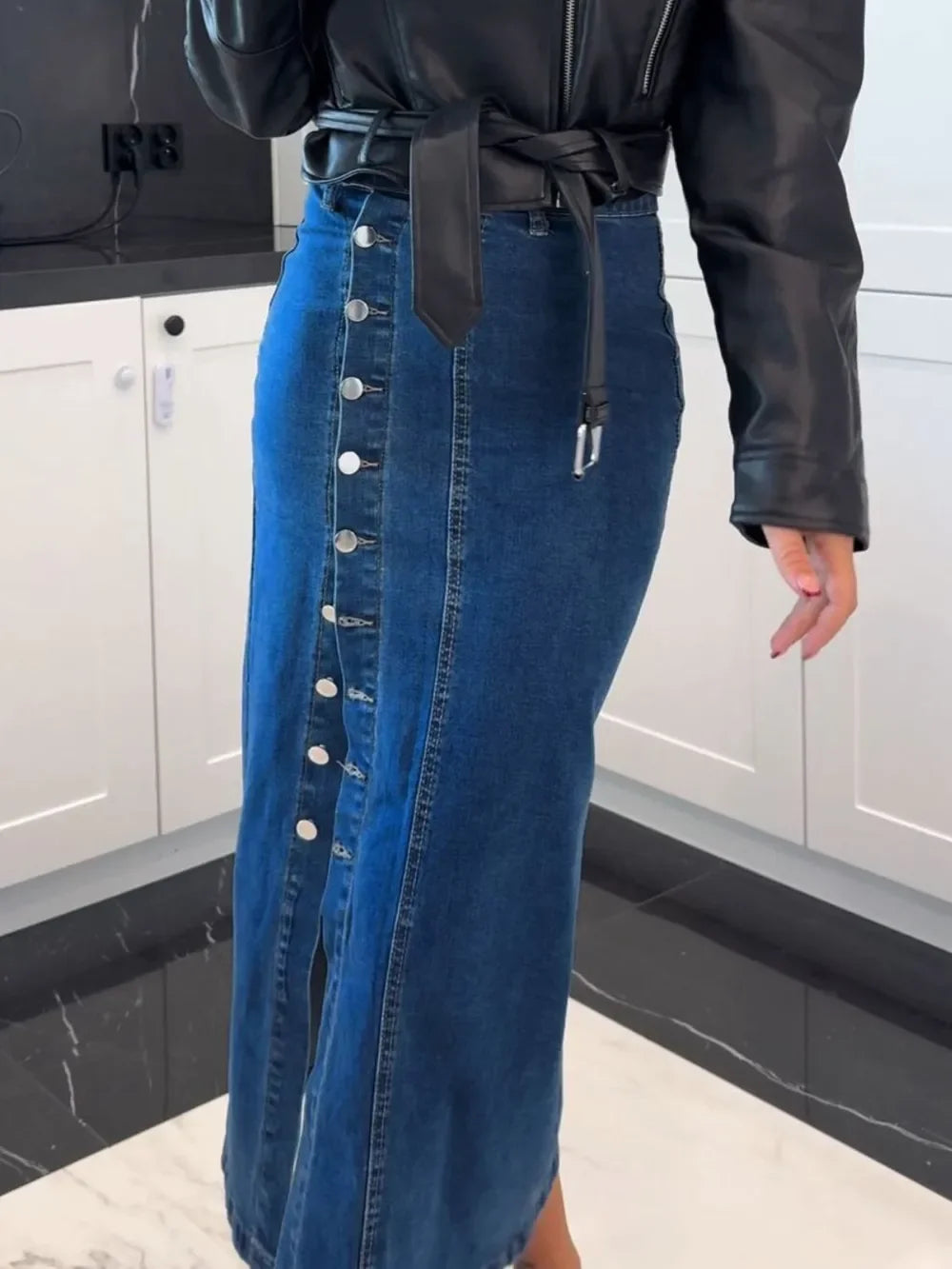 Front Button Slit Midi Denim Skirt - Piña Colada