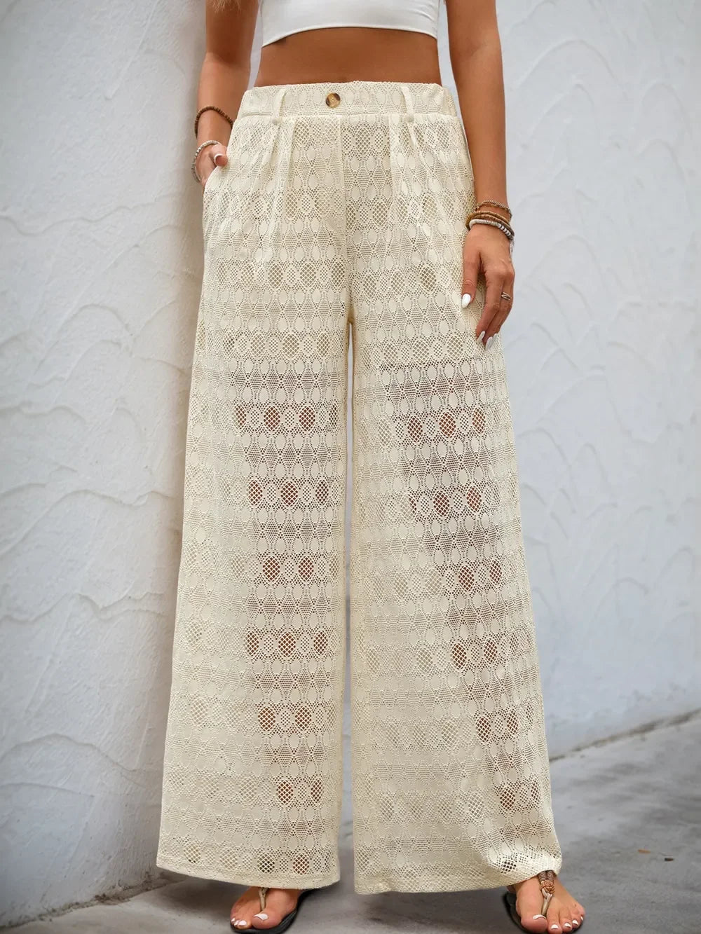 Decorative Button Wide Leg Pants - Piña Colada