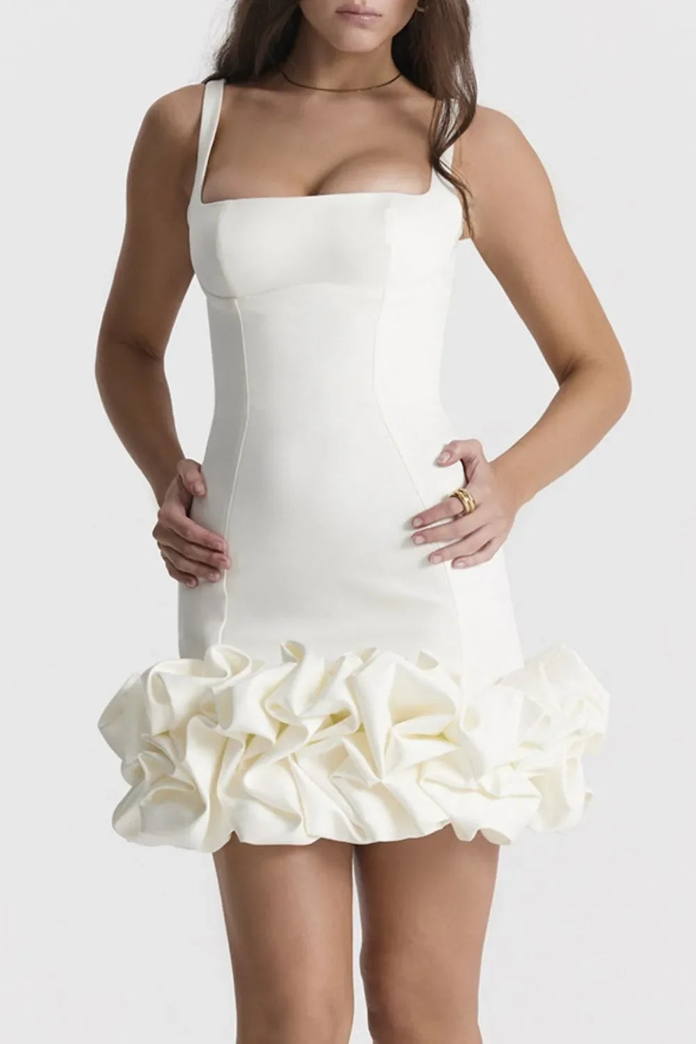 Ruched Square Neck Sleeve Mini Dress - Piña Colada