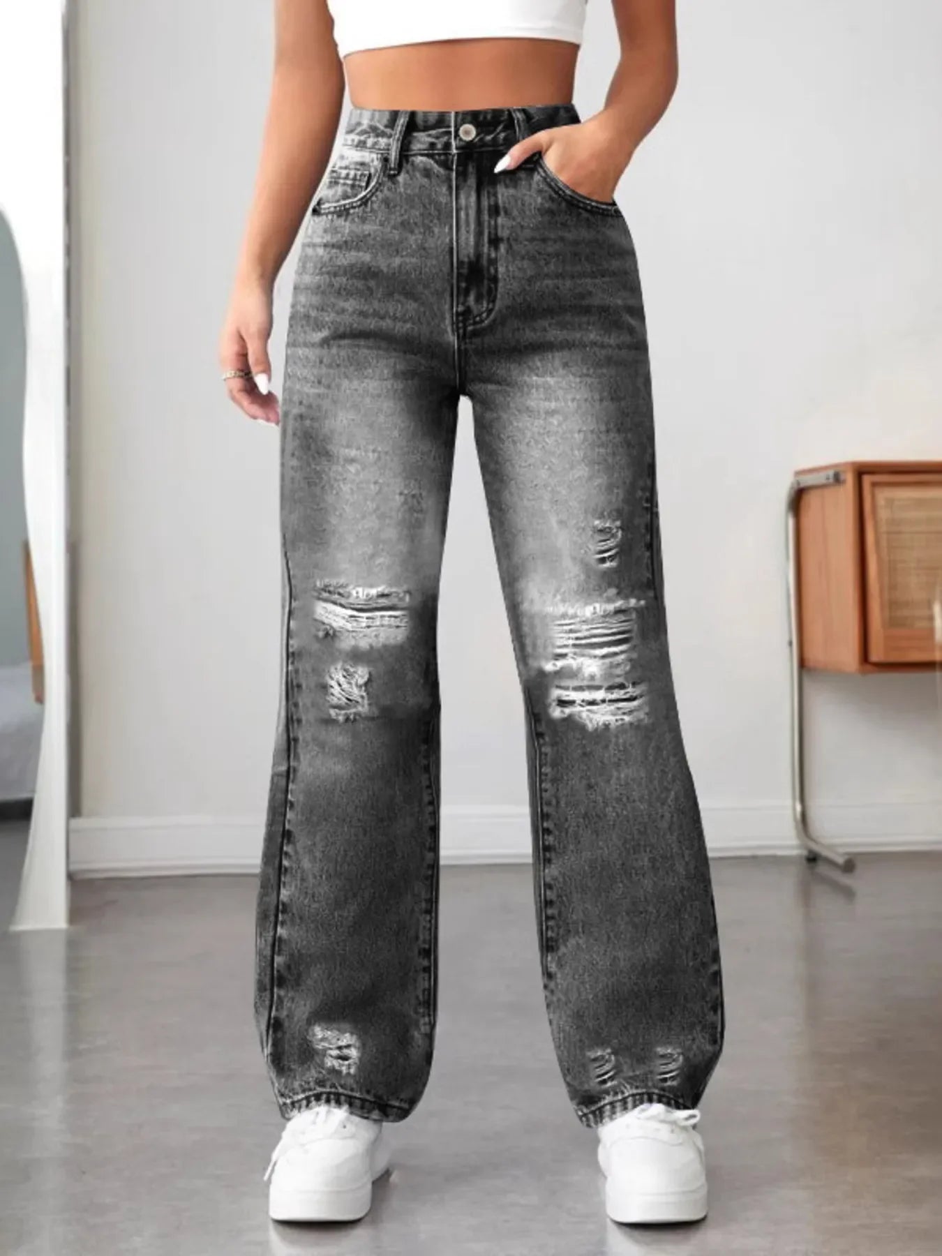 Distressed High Waisted Jeans - Piña Colada