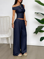 One Shoulder Top and Wide Leg Pants Set - Piña Colada