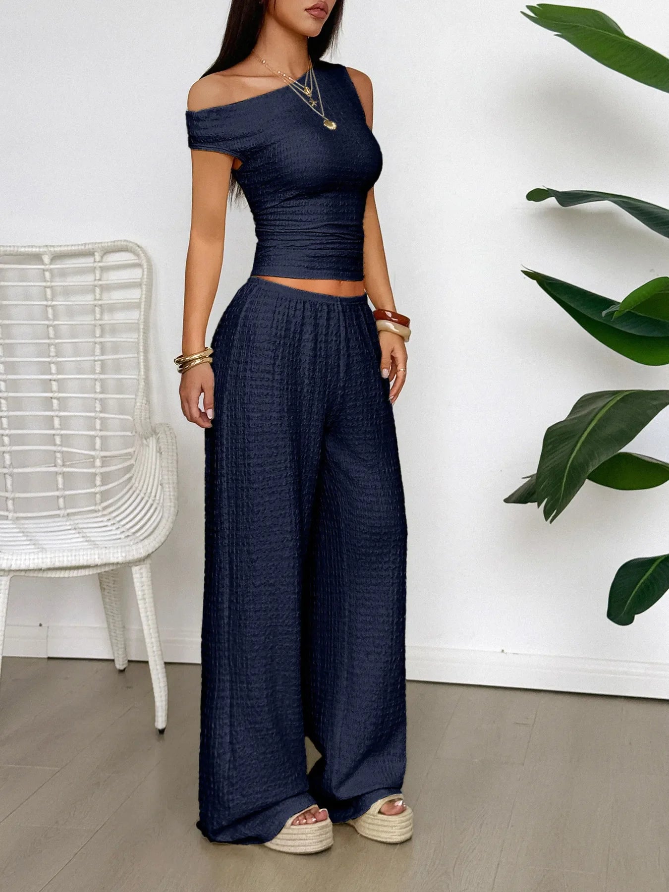 One Shoulder Top and Wide Leg Pants Set - Piña Colada
