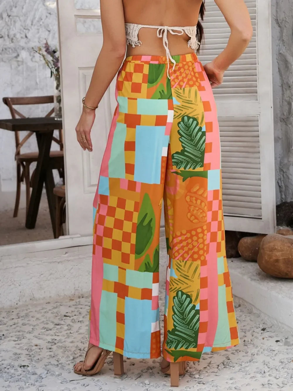 Devine Drawstring Printed Wide Leg Pants - Piña Colada
