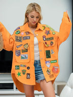Embroidered Patch Button Up Long Sleeve Denim Jacket - Piña Colada