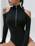 Zip Front Cold Shoulder Bodysuit - Piña Colada