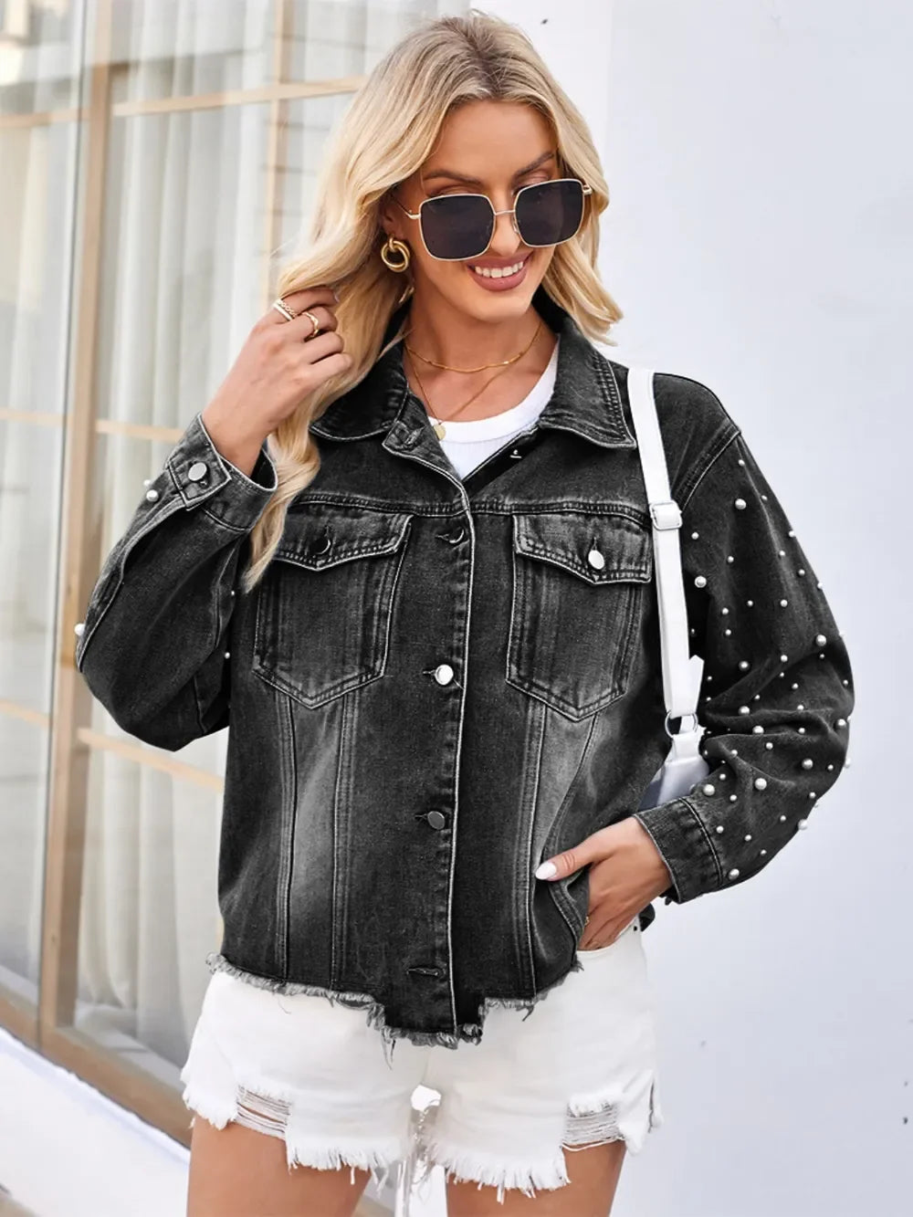 Pearl Trim Raw Hem Denim Jacket - Piña Colada