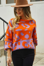 Angel Wings Woven Right Leopard Round Neck Dropped Shoulder Sweater - Piña Colada