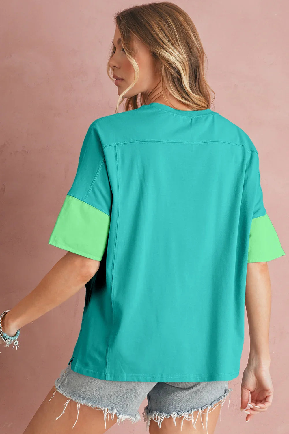 Oversized Star Patch T-Shirt – Raw Hem Split Design for Women - Piña Colada