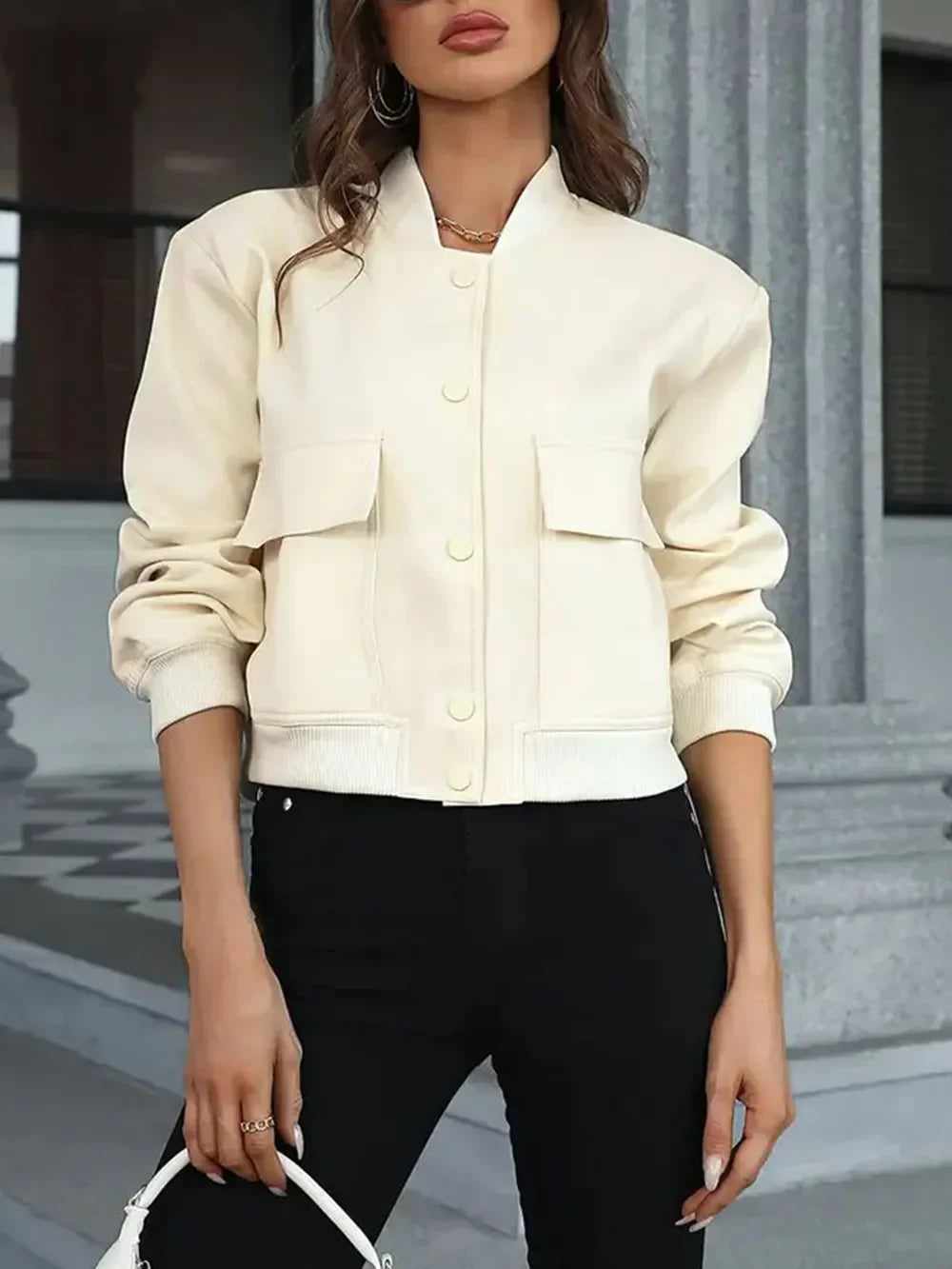 Pocketed Snap Down Baseball Collar Jacket - Piña Colada