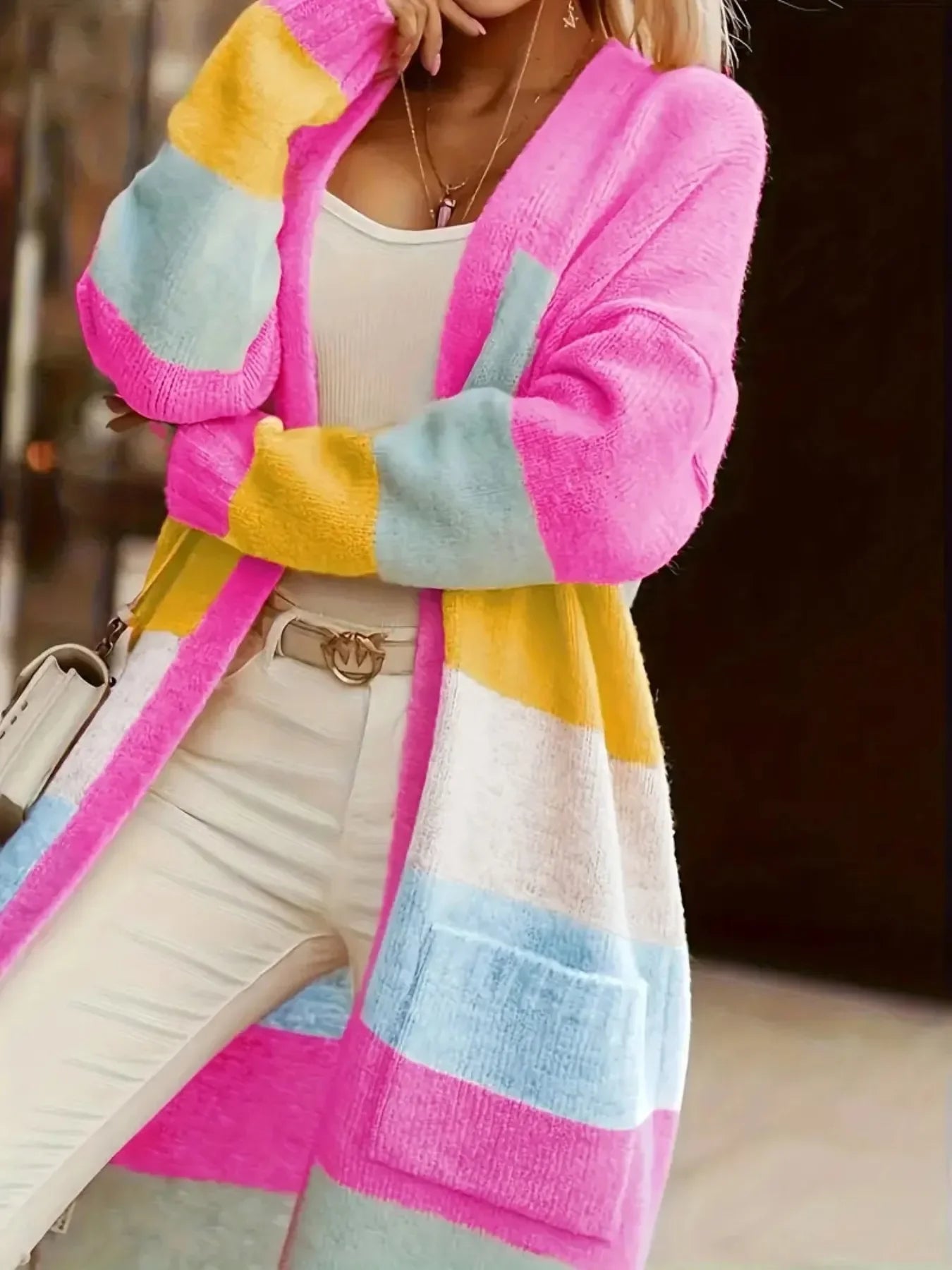 Color Block Open Front Cardigan - Piña Colada