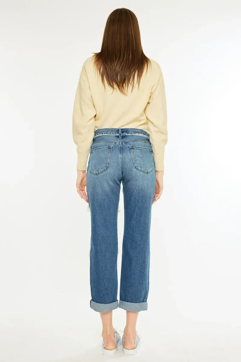 Kancan Distressed Mid Rise True Boyfriend Jeans - Piña Colada