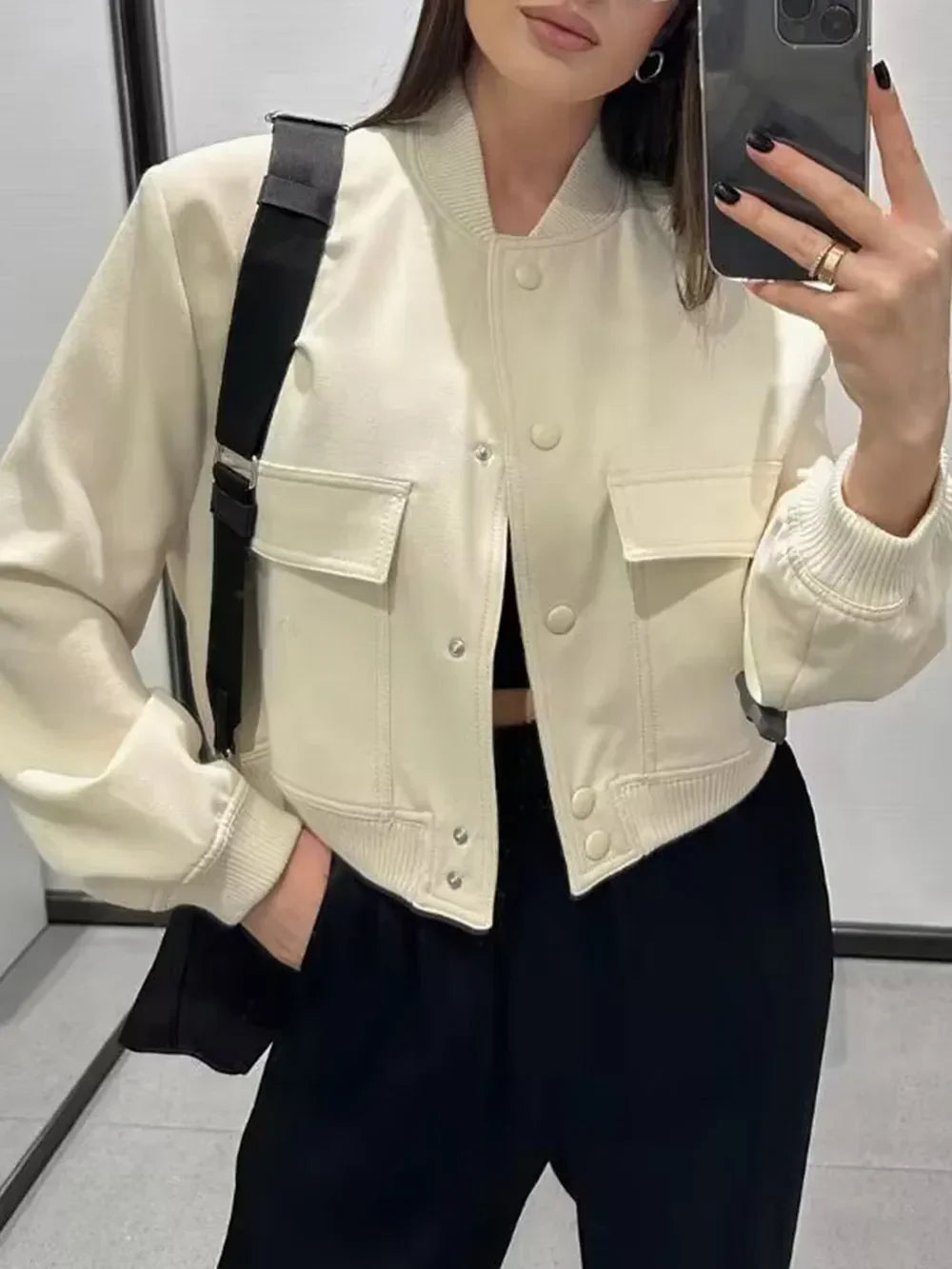 Pocketed Snap Down Baseball Collar Jacket - Piña Colada