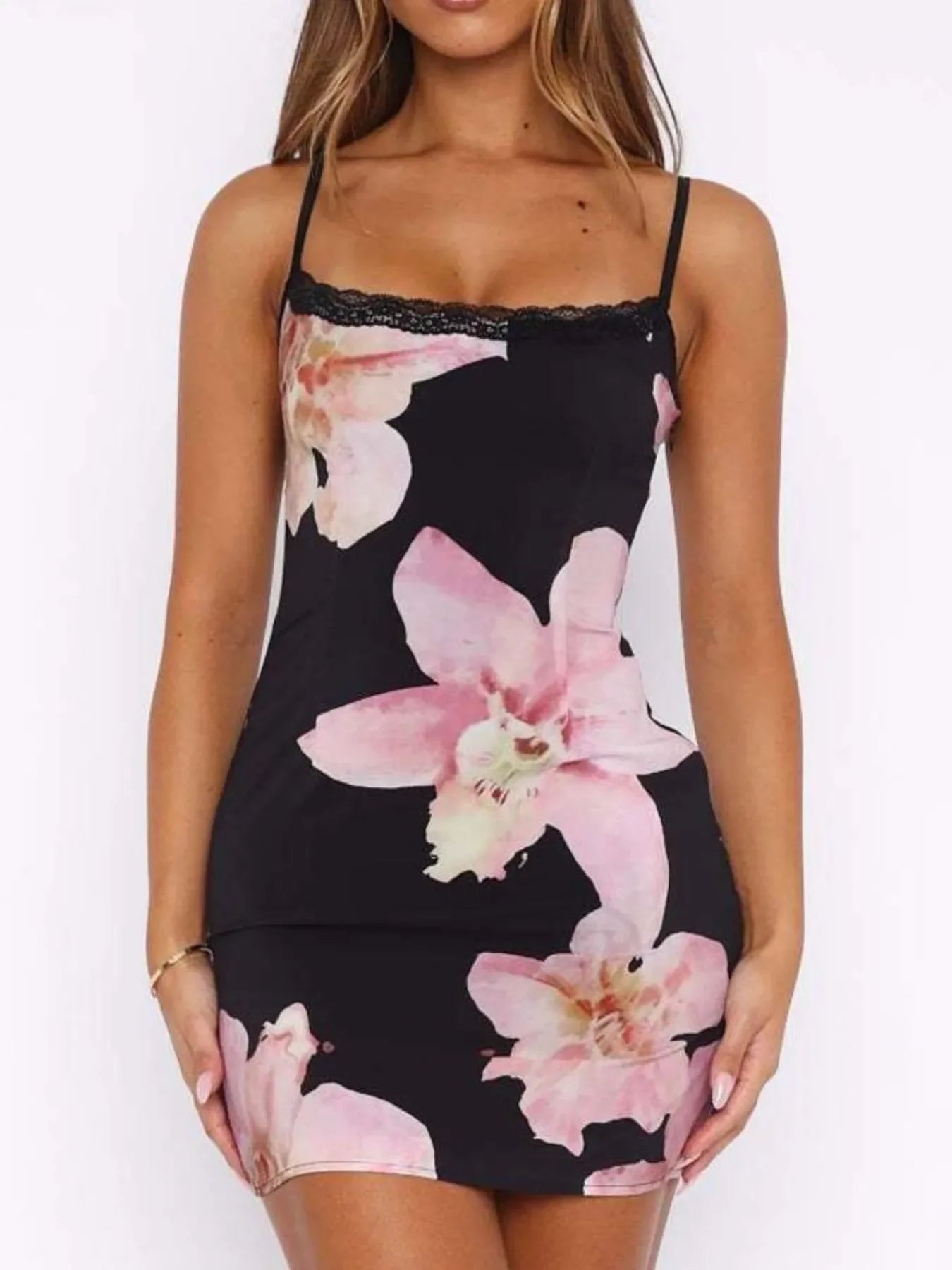 Floral Print Bodycon Cami Dress with Lace Trim - Piña Colada