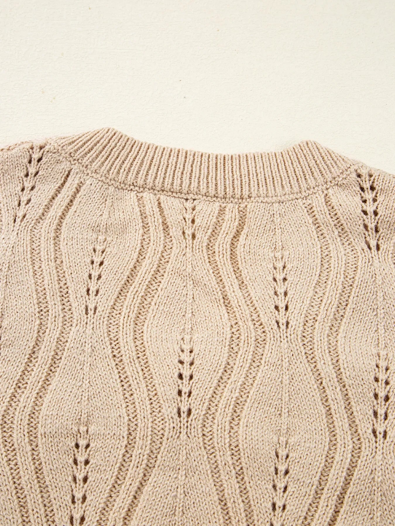 Pearl Beaded Pointelle Knit V Neck Lace Patchwork Sleeve Sweater - Piña Colada