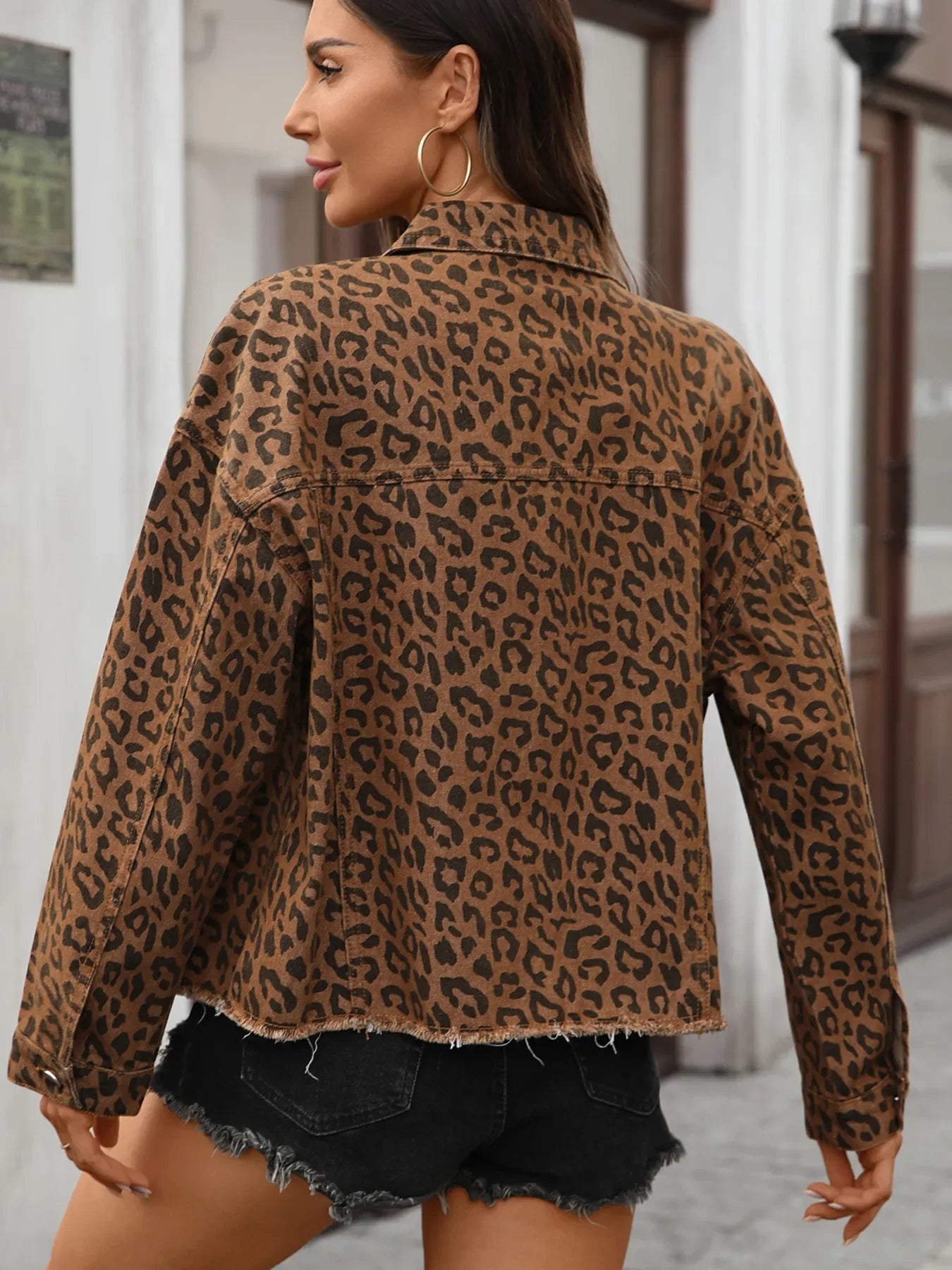 Leopard Print Raw Hem Denim Jacket - Piña Colada
