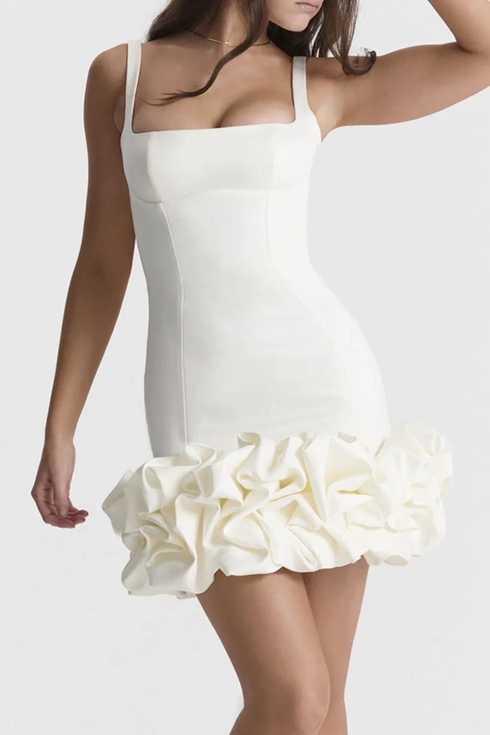 Ruched Square Neck Sleeve Mini Dress - Piña Colada