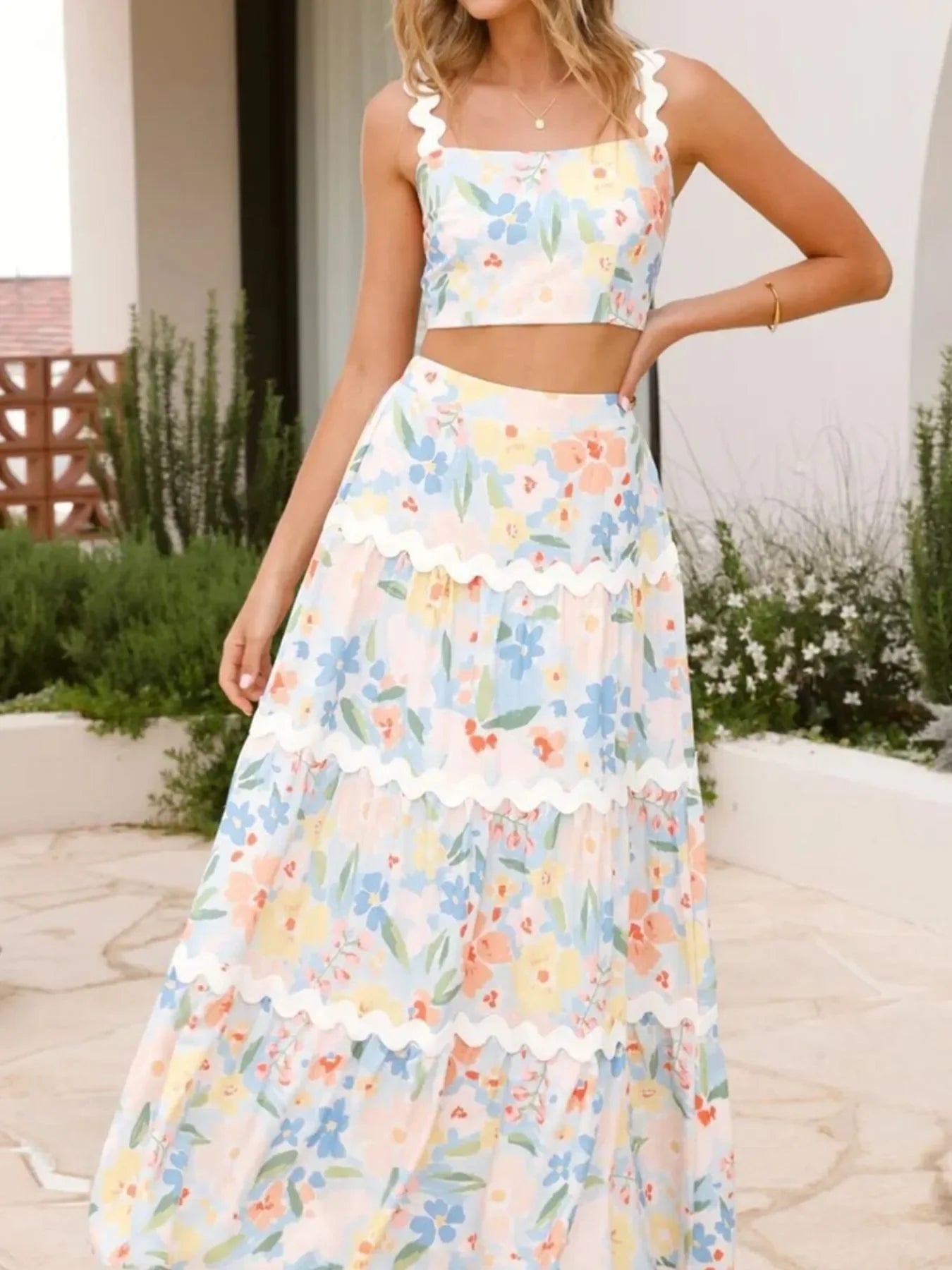 Printed Cami and Maxi Skirt Set - Piña Colada