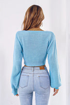 Bow V-Neck Long Sleeve Cropped Sweater - Piña Colada