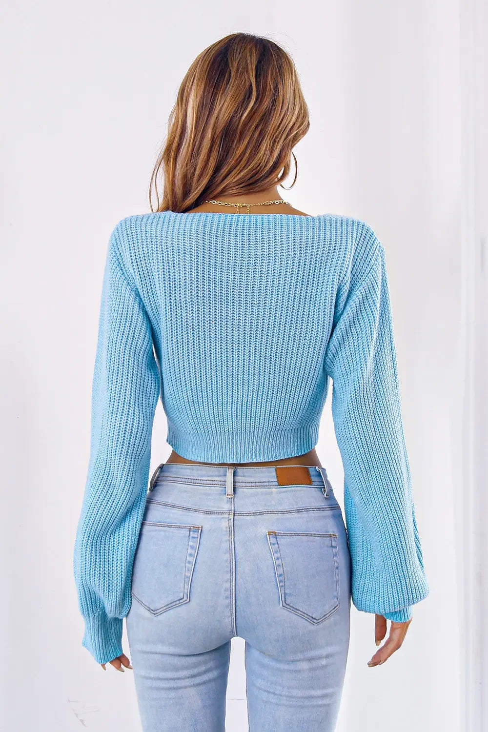 Bow V-Neck Long Sleeve Cropped Sweater - Piña Colada