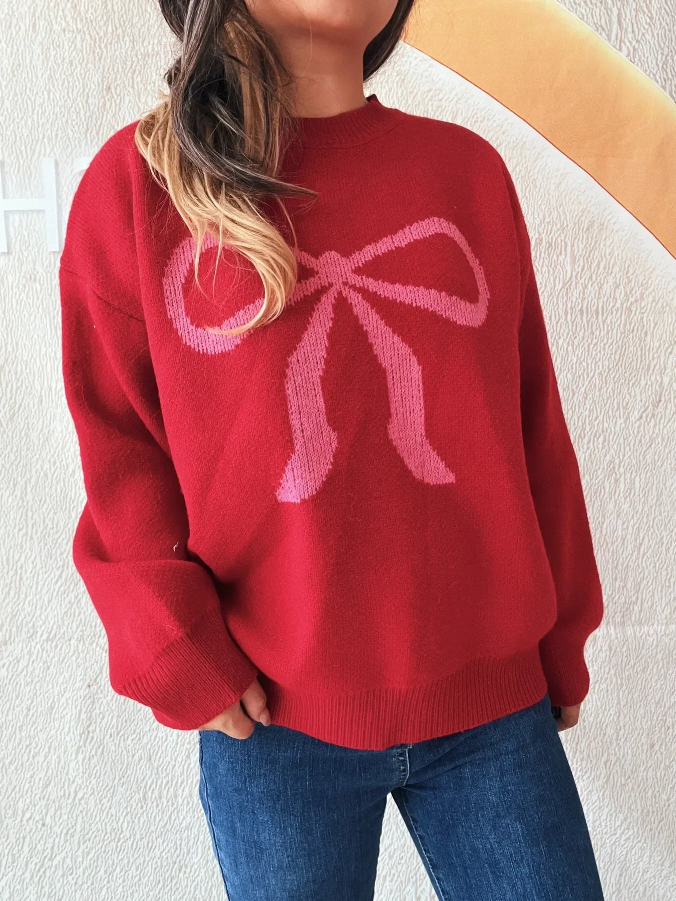 Bow Pattern Casual Long Sleeve Sweater - Piña Colada