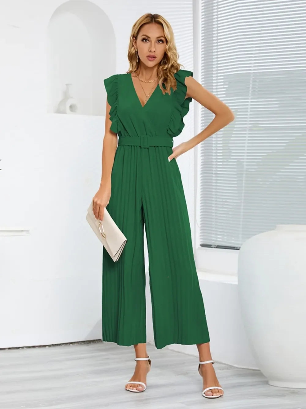 Ruffled Surplice Cap Sleeve Jumpsuit - Piña Colada