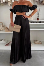 Off-Shoulder Top and Pleated Pants Set - Piña Colada