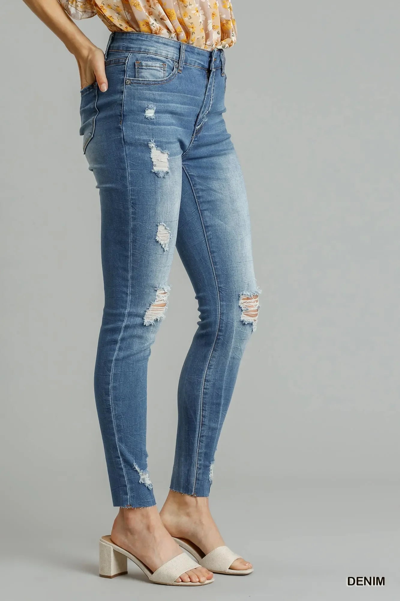 Umgee Distressed Skinny Jeans with Edge Detail - Piña Colada
