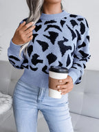 Leopard Round Neck Dropped Shoulder Sweater - Piña Colada