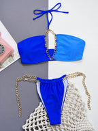 Chain Detail Halter Neck Bikini Set - Piña Colada
