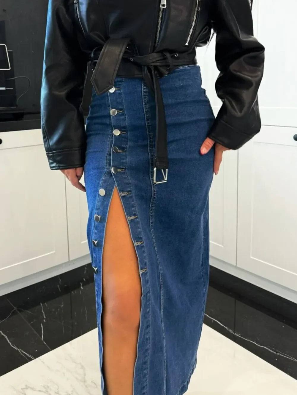 Front Button Slit Midi Denim Skirt - Piña Colada