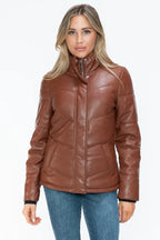 Snobbish Pocketed Zip Up Turtleneck Puffer Jacket - Piña Colada