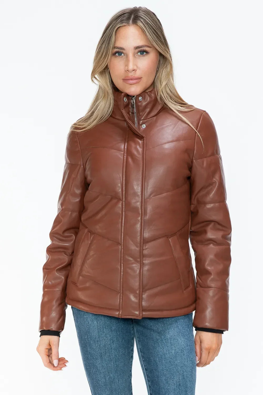 Snobbish Pocketed Zip Up Turtleneck Puffer Jacket - Piña Colada