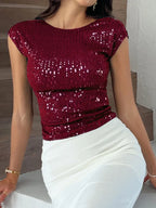 Devine Sequin Round Neck Backless T-Shirt - Piña Colada