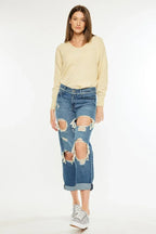 Kancan Distressed Mid Rise True Boyfriend Jeans - Piña Colada