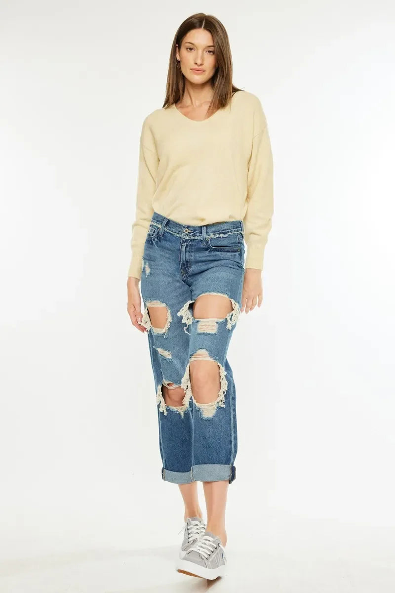 Kancan Distressed Mid Rise True Boyfriend Jeans - Piña Colada