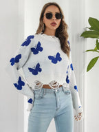 Distressed Butterfly Cropped Sweater - Piña Colada