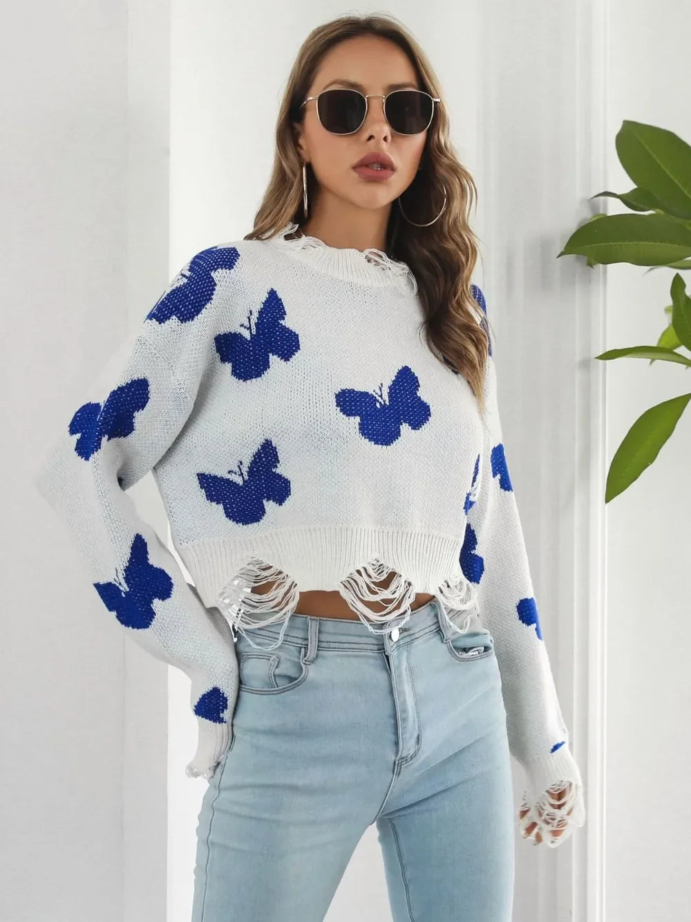 Distressed Butterfly Cropped Sweater - Piña Colada