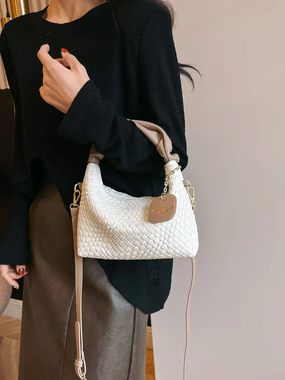PU Leather Woven Crossbody Bag - Piña Colada
