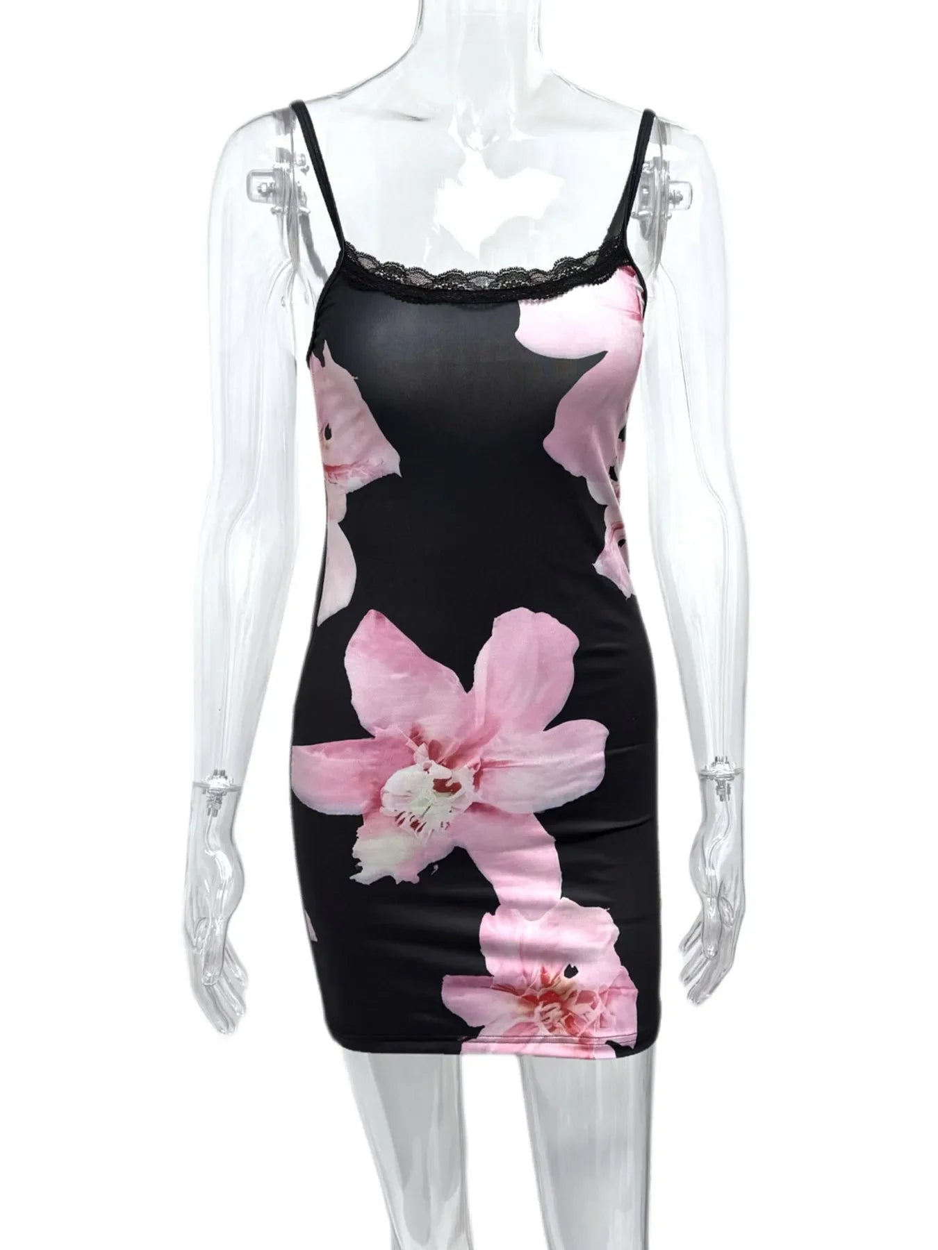Floral Print Bodycon Cami Dress with Lace Trim - Piña Colada