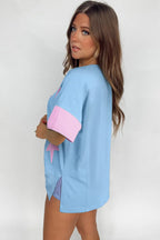 Oversized Star Patch T-Shirt – Raw Hem Split Design for Women - Piña Colada