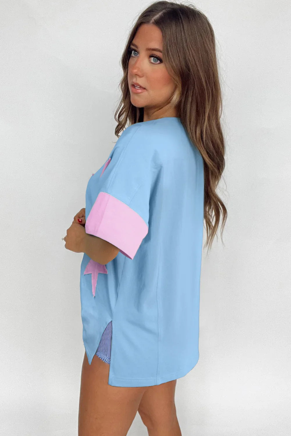 Oversized Star Patch T-Shirt – Raw Hem Split Design for Women - Piña Colada