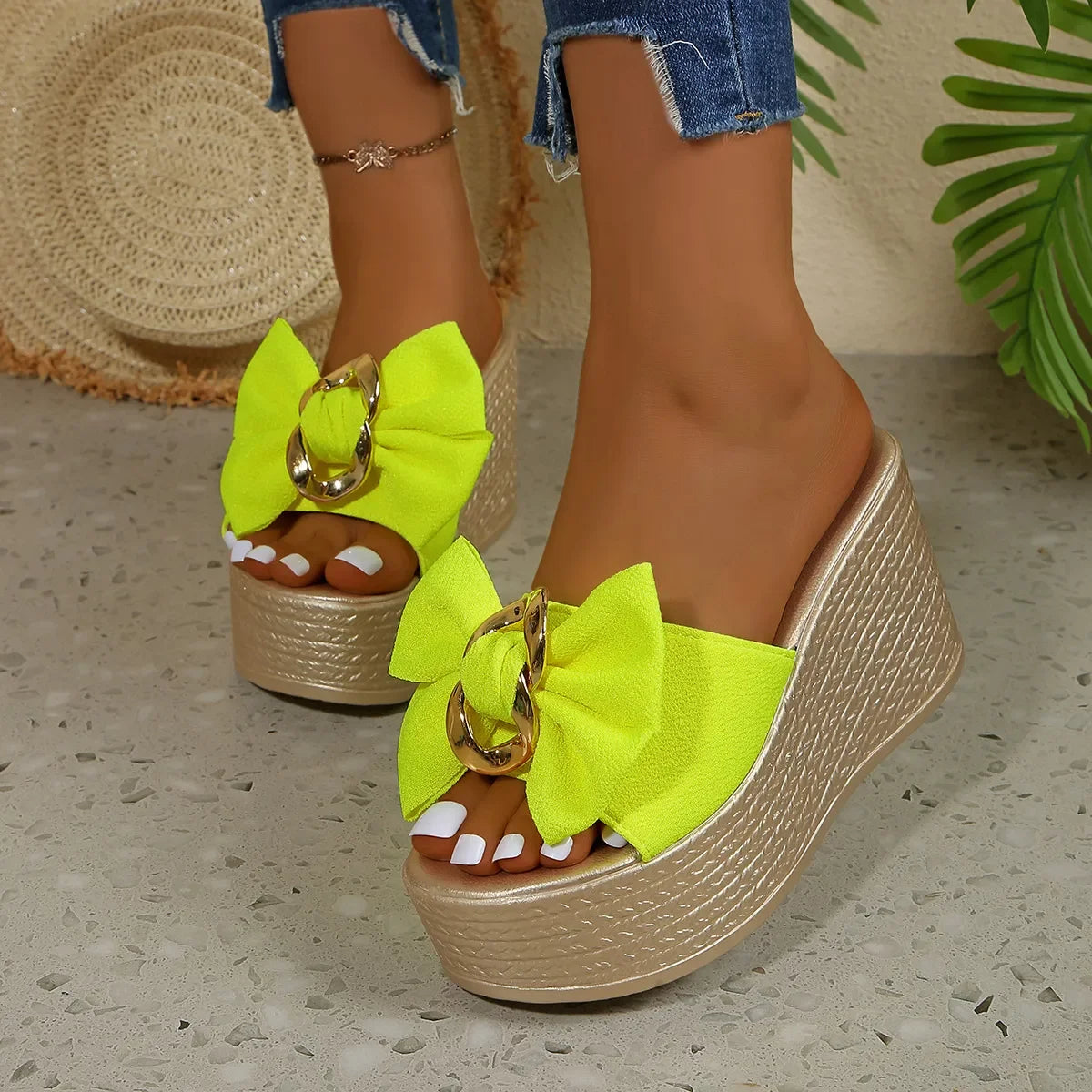 Bow Open Toe Platform Sandals - Piña Colada