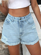 High-Waisted Distressed Denim Shorts - Piña Colada