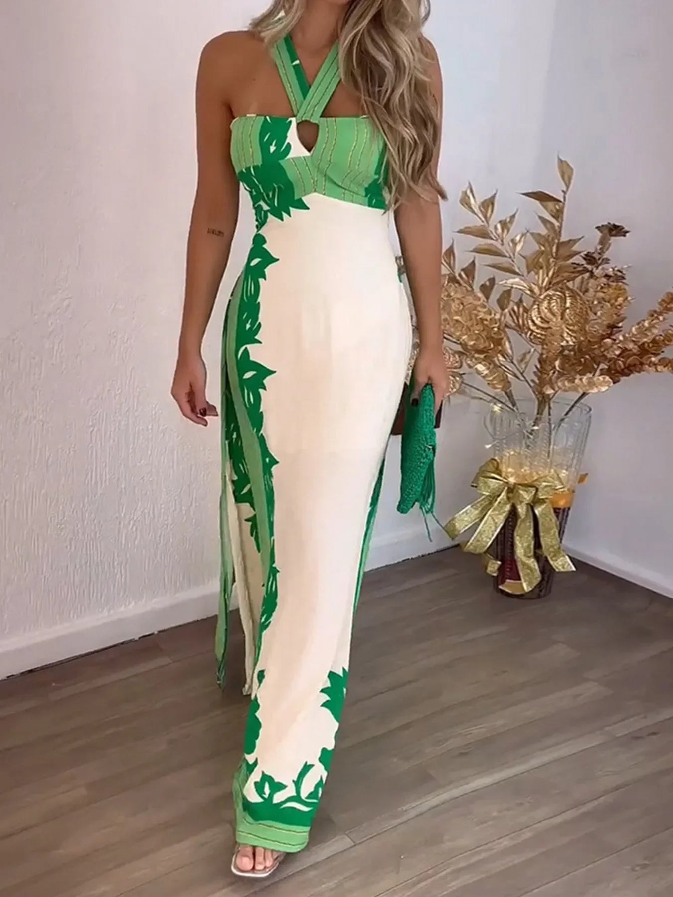 Halter Neck Leaf Print Maxi Dress - Piña Colada
